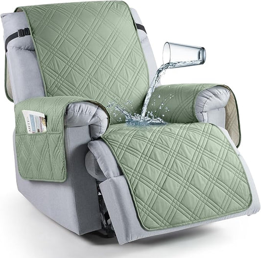 TAOCOCO Waterproof Recliner Chair Cover, Non Slip Oversized Recliner Covers for Recliner Chair with Pocket, Reclining Chair Cover Furniture Protector for Kids, Dogs(28'', Sage Green)
