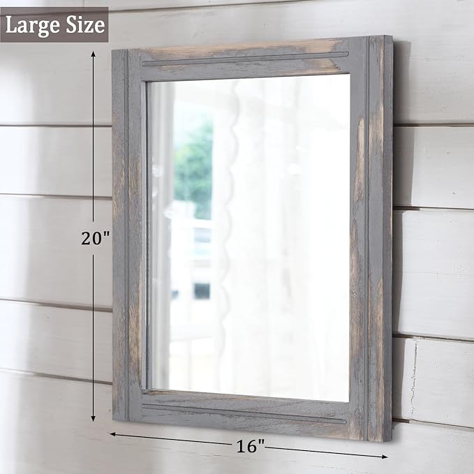 AAZZKANG Wood Framed Mirror Rectangular Rustic Wall Mirrors Decorative Large 20"x16" for Farmhouse Bathroom Living Room Bedroom Grey
