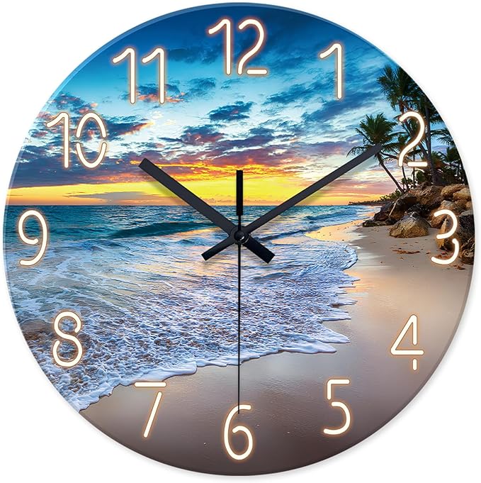 Palm Tree Clocks Battery Operated 12 Inch Glass Blue Wall Clock Non Ticking Beach Wall Clock for Bedroom