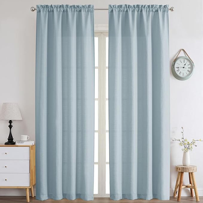 Chyhomenyc Aqua with Greenish Tone Curtains 90 Inch Length 2 Panels Set, Light Filtering Faux Linen Textured Soft Airy Privacy Farmhouse Curtain Drapes for Living Room Bedroom, 40 Wx90 L Inches