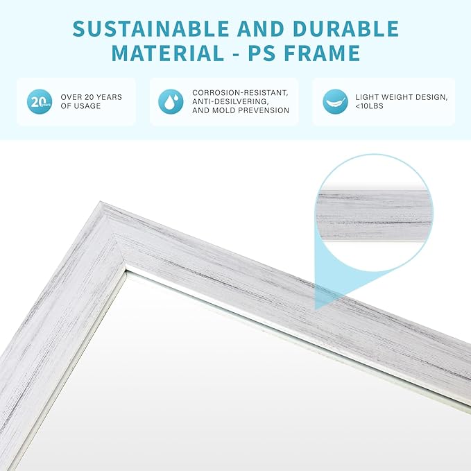 White Wood Effect Framed Wall Mirror, 20x30 Rectangle Mirror, Anti-desilvering Tempered Glass, Sustainable& Sturdy Frame, Farmhouse Mirror, Anti-Rust, 3min Fast Setup for Bathroom Living Room