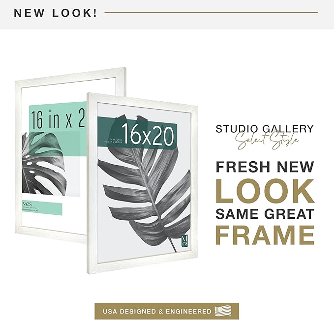 MCS Studio Gallery 16x20 Poster Frame White Woodgrain Engineered Wood, Vertical & Horizontal Wall Hanging Large Picture Frame for Photos, Posters & Art Prints (1-Pack)