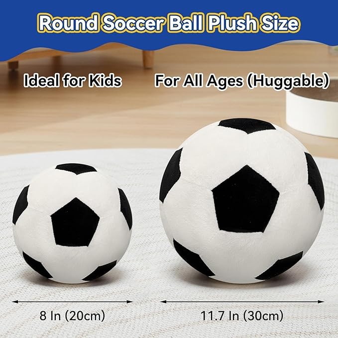 Fluffy Soccer Pillow - 8" Orbicular Durable Soccer Ball Plush, Soft Stuffed Soccer Decorative Pillows for Couch & Bedroom, Sports Gift for Soccer Enthusiasts