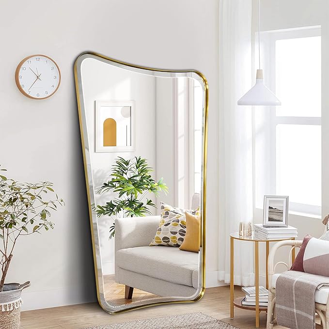 POZINO Brushed Gold Beveled Mirror, 30"x48" Irregular Aesthetic Floor Mirrors, Bathroom Vanity Mirror with Stainless Steel Frame, Butterfly Shape Wall Mirrors for Living Room Bedroom Hallway Entryway