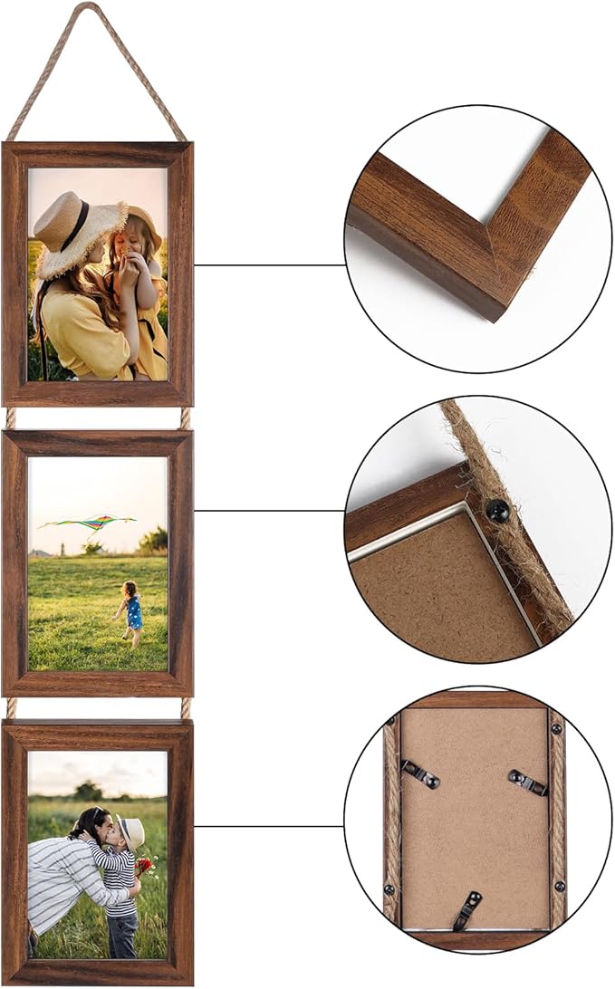 Lavezee 4x6 Collage Triple Picture Frames Set, Walnut Brown 6 Opening Hanging Vertical Frame Made to Display 4 by 6 Inch Photo Print for Wall Decor