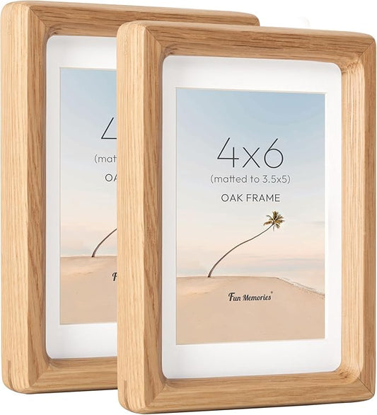 4x6 Picture Frame Set of 2, USA-Sourced Oak Wood Photo Frames with HD Tempered Glass, Handcrafted Rounded Corner 4 x 6 Wooden Frame Matted to 3.5x5 Photos, 4x6 Frames, Tabletop or Wall Display