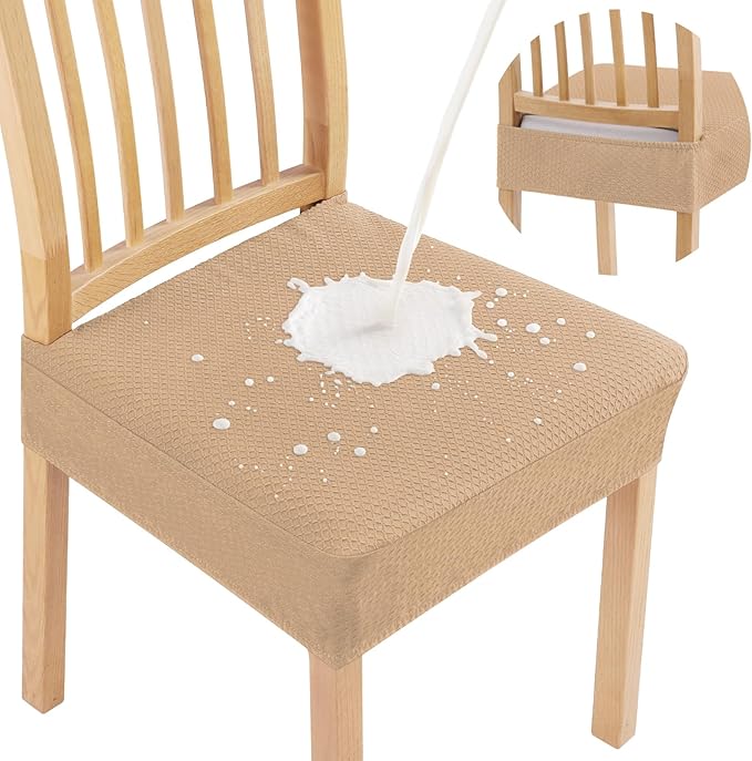 Smiry Waterproof Seat Covers for Dining Room Chairs Set of 6, Stretch Jacquard Removable Washable Chair Seat Slipcovers Protector, No Rear Covers, Camel