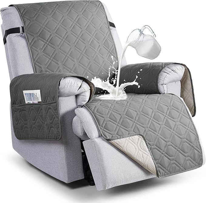 VANSOFY 100% Waterproof Recliner Chair Covers, Recliner Cover Non-Slip Dog Chair Cover Furniture Protector Washable Slipcover with Pocket, Elastic Straps for Pets, Dogs(Gray, 22")
