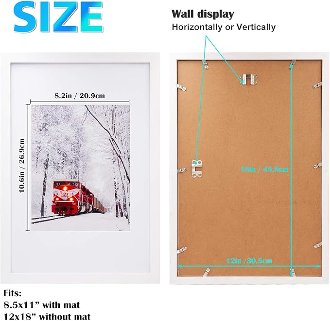 Egofine 12x18 Solid Wood Picture Frames Matted for 8.5x11 - Acrylic Plexiglass Front for Wall Mounting Hanging Picture Frame Vertically or Horizontally, White Set of 2