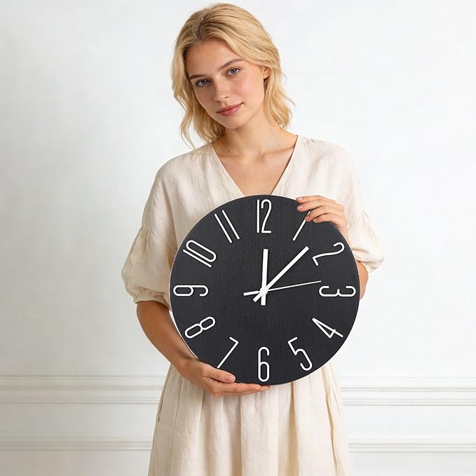 Wall Clock 12 Inch Silent Non-Ticking Imitation Wood Indoor Clock Round Beige Decor Clock Modern 3D Figures Quartz Wall Clocks for Home, Hotel, Office, School