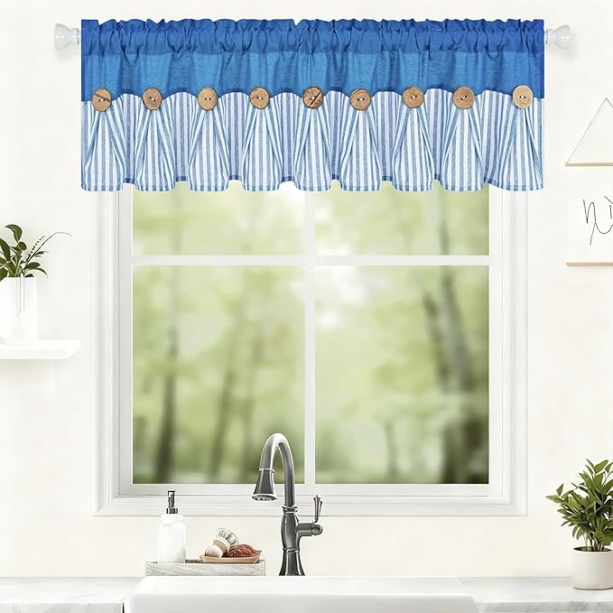 ASPMIZ Farmhouse Cotton Linen Valances for Windows, Boho Kitchen Curtains Valances with Rustic Button, Lake Blue Striped Window Treatments Curtain Valance for Bathroom Cafe, 60 x 14 Inch, 1 Pannel