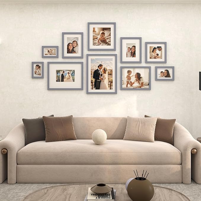 Egofine 4x6 Picture Frames Set of 4, Made of Solid Wood Covered by Plexiglass 3x4.5 and 3.5x5 with Mat or 4x6 without Mat, for Table Top Display and Wall Mounting Photo Frame, Dark Grey
