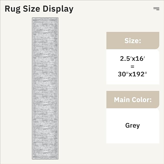 Soalmost Runner Rug 2'6" x 16' Washable Non-Slip 2.5x16 ft Long Runner Rugs for Kitchen Bathroom Laundry Room Vintage Ultra Thin Runners for Hallway Entryway Grey