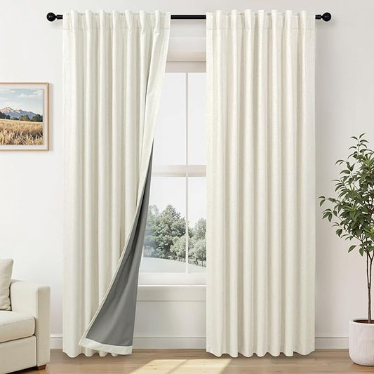 Cream Linen Blackout Curtains by Size 70 Inches Wide x 63 Inch Length Extra Wide Black Out Curtains for 72 Inches Width Bedroom Living Room Darkening Light Blocking Thermal Ivory Off White Drape 70x63