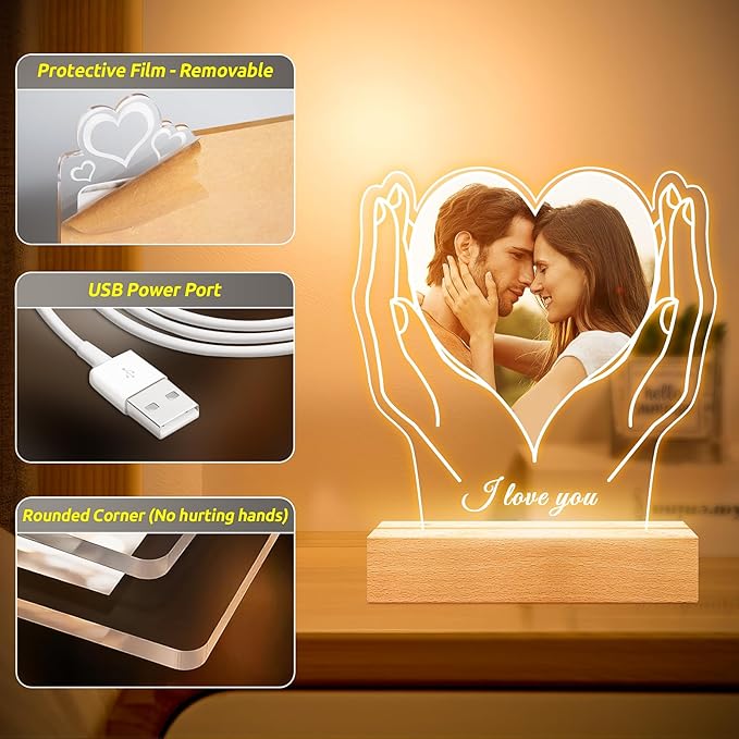 Personalized Picture Frame with Photo, Customized Photo Frame with Night Light, Custom Picture Frames, Personalized Anniversary Couple Gifts for Women Men Her Him Girlfriend Boyfriend Wife Husband