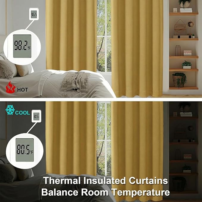 Simplebrand Ava Blackout Curtains for Patio 108 Inches Long 2 Panels Set, Solid Thermal Insulated Room Darkening Rod Pocket Window Treatment Curtains Blackout Drapes, W50 x L108 Inch, Bright Gold