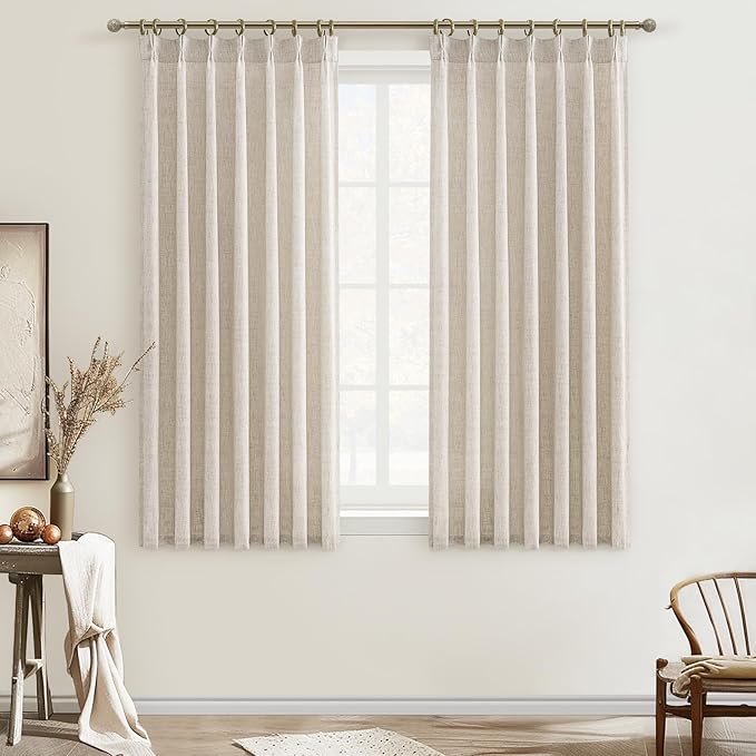 Natural Linen Mini Sheer Curtains 54 Inch Length for Small Kitchen Windows, Pinch Pleated Light Filtering Cream Boho Drapes Cottage Core Privacy Basement Curtain 2 Panels Set with Back Tab 40"W x 54"L