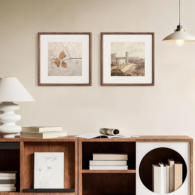 12x12 Frame, USA-Sourced Walnut Wood Photo Frames with HD Tempered Glass, Handcrafted Rounded Corner Square Wooden Frames Matted to 8x8 Photos, 12x12 Picture Frame, Tabletop or Wall Display