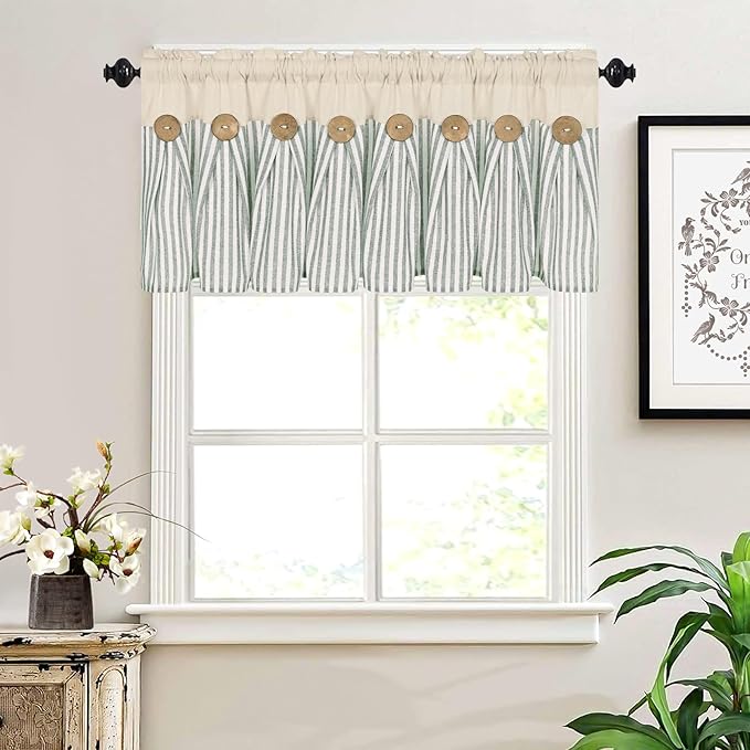 ASPMIZ Cotton Linen Kitchen Valance Curtains, Boho Rustic Button Linen Valances for Windows Farmhouse, Green Stripe Valance Window Treatment Tiers, Rod Pocket Window Valances for Cafe, 52 x 18 Inch