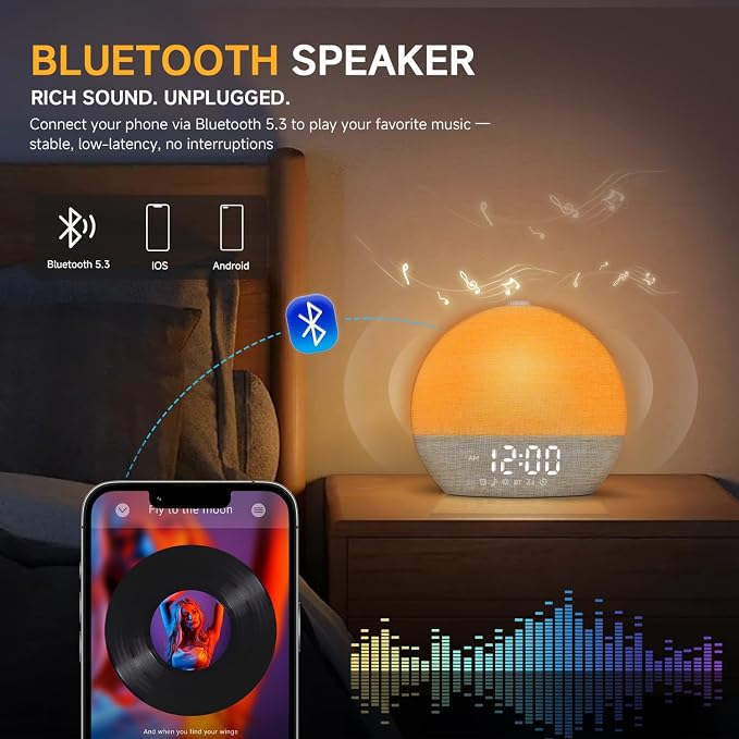 Geuuap Sunrise Alarm Clock White Noise Machine with Bluetooth Speaker,Khaki | 30 Soothing Sounds, 17 Dimmable lights, Simulated Sunrise, Backup Battery Memory, Auto-off Sleep Timer, Screen-Free Design - Image 5