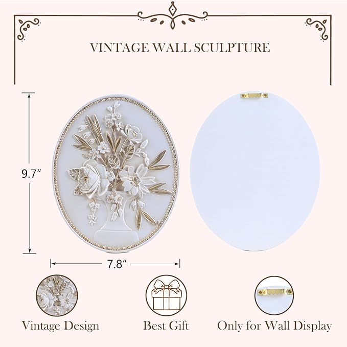 SIKOO Vintage Wall Sculptures White Flower Wall Art Hand Painted Ornate Wall Hanging Decoration Antique Pediment Wall Statue Ornament Decor Gallery for Kitchen Bedroom Living Room