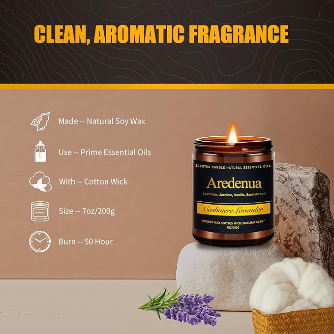 Cashmere Lavender Scented Candle, Clean Soy Wax Candle for Relaxation, Stress Relief & Sleep, Soft Floral Cozy Home Fragrance, Hand Poured, Lead-Free Wick