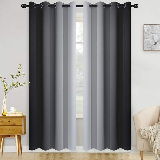 COSVIYA Grommet Ombre Room Darkening Curtains 84 inch Length 2 Panels, Black and Grayish White Gradient Drapes Light Blocking Insulated Thermal Window Curtains for Bedroom/Living Room,52x84 inches