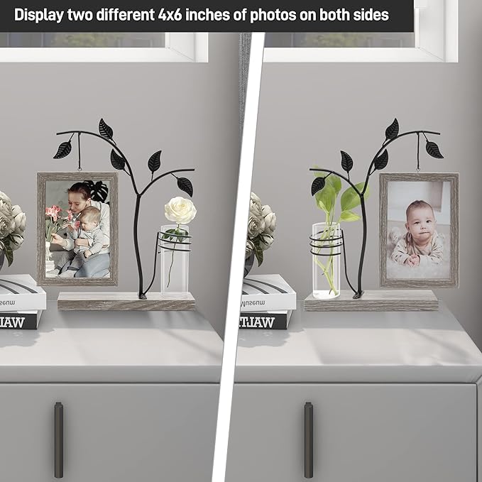 Sapowerntus 4x6 Picture Frames Family Desk Office Rustic Photo Frame, Water Plants Flowers Floating Double Glass Vase Tabletop Standing Home Decor, Wedding Grandma Mother Mom Gift