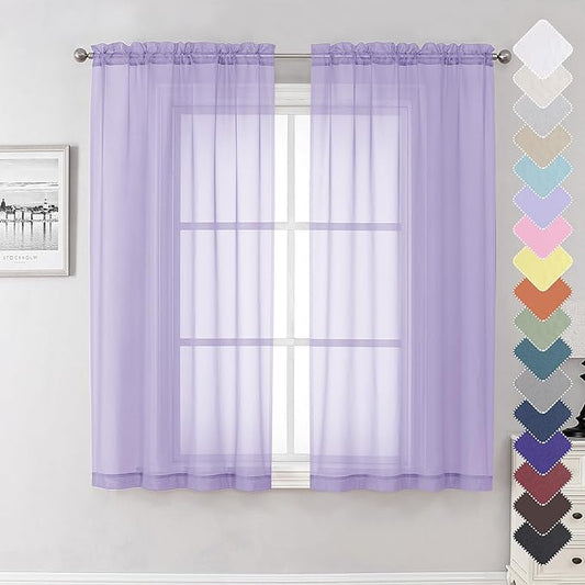 Lecloud Light Filtering Lavender Sheer Curtains 63 Inch Length 2 Panels, Solid Kitchen/Living Room/Bedroom Voile Light Purple Curtain, Dual Rod Pockets Window Short Gauzy Drapes, 40x63 Inches