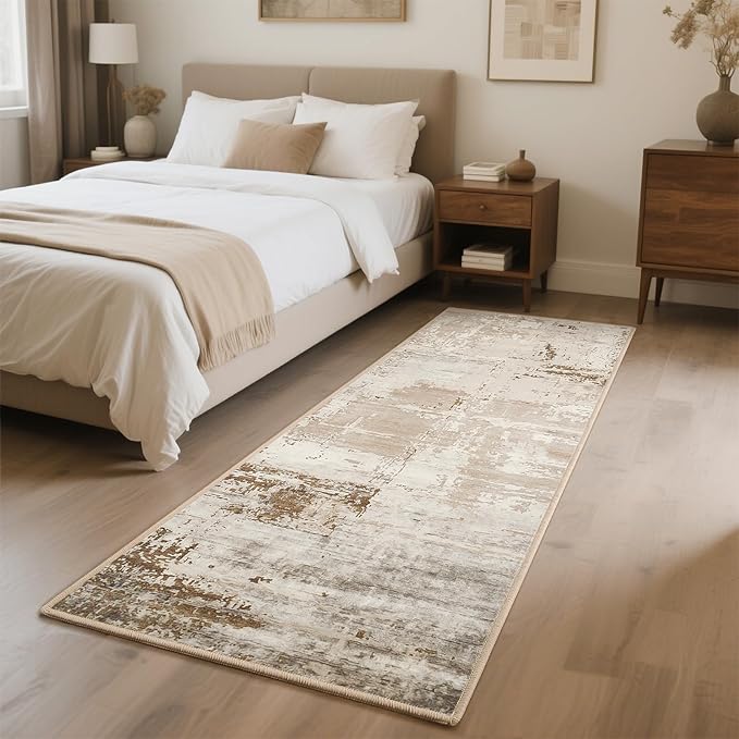 HOMORE 2x6 Runner Rug for Kitchen Hallways Runners Rugs,Beige Area Rug Non Slip Washable Rugs for Entrway Soft Abstract Carpet for Entrance Bedroom Living Room Laundry Bathroom