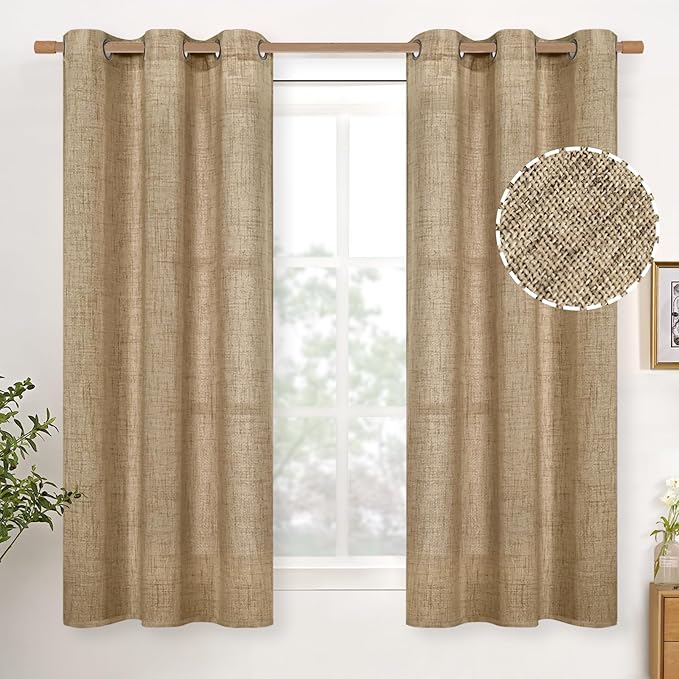 YoungsTex Short Linen Semi Sheer Curtains 45 Inch Length for Kitchen Window, Burlap Textured Drapes with Bronze Grommet Light Filtering for Cafe Bathroom Bedroom, Toffee, 2 Panels, 42 X 45 Inch
