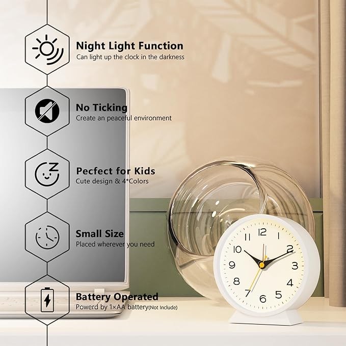 AYRELY?? 4.5" Analog Alarm Clock,Small Retro Desk Clock Battery Operated,Slient Metal Table Clock with Light for Living Room Decor,Bedroom,Bedside,Shelf (White)