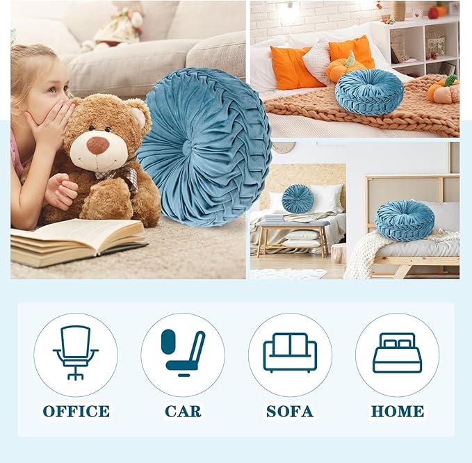 Drydiet 1 Pcs Round Throw Velvet Pillows Decorative Pleated Throw Pillows 15'' Diameter Accent Pumpkin Boho Chair Cushion for Couch Sofa Home Decoration (Dusty Blue)