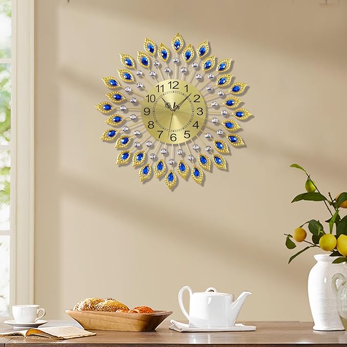 21.2 Inch Gold Large Wall Clocks for Living Room Decor,Elegant 3D Modern Wall Clock with Dial Arabic Numberals Non-Ticking Silent Big Wall Clocks,Diamond Round Home Decoration Kitchen Clocks