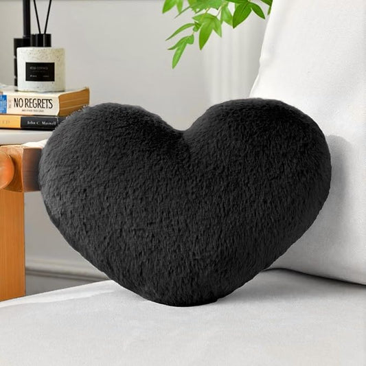 Heart Pillow Black Throw Pillows Decorative Pillows for Bed Couch Cute Faux Rabbit Fur Small Pillow for Women Valentine Anniversary Fall Halloween Christmas Home Decor (Mini, 13"x10")