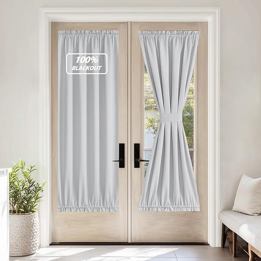 NICETOWN 100% Blackout French Door Curtain,Privacy Thermal Insulated Window Curtain with Adjustable Tieback for Glass Front Sliding Patio Door, 1 Panel, 36W x 72LL, Greyish White