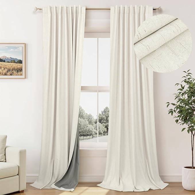 Drapes 92 Inch Length 2 Panels Set for Bedroom Linen Textured Viral Lightweight Blackout Long Curtains for Sliding Glass Door Energy Efficient Sun Blocking Sound Absorbing Country Style Back Tab Cream