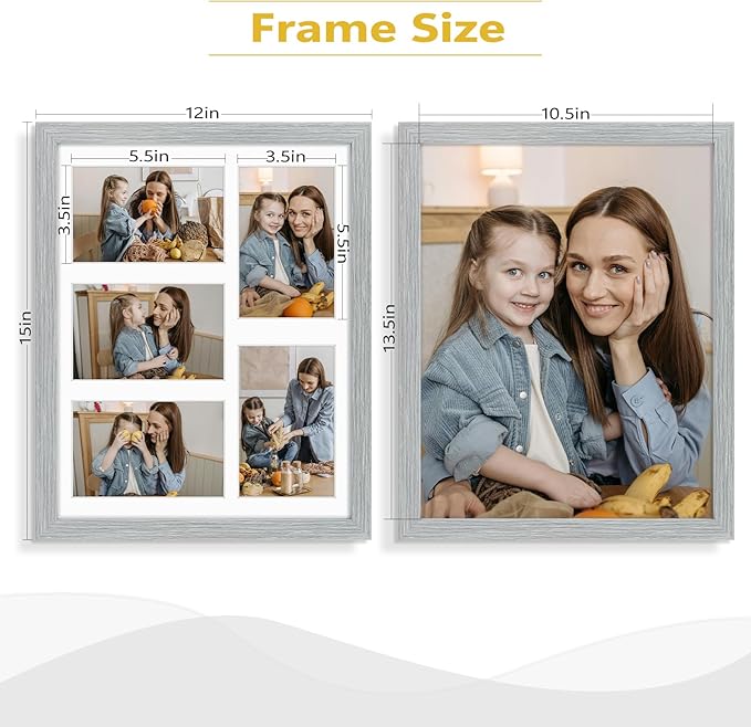 Golden State Art, 11x14 Grey Wooden Frame with White Mat - Displays Five 4x6 Photos - Tempered Glass - Wall Mounting, Portrait, Set of 10