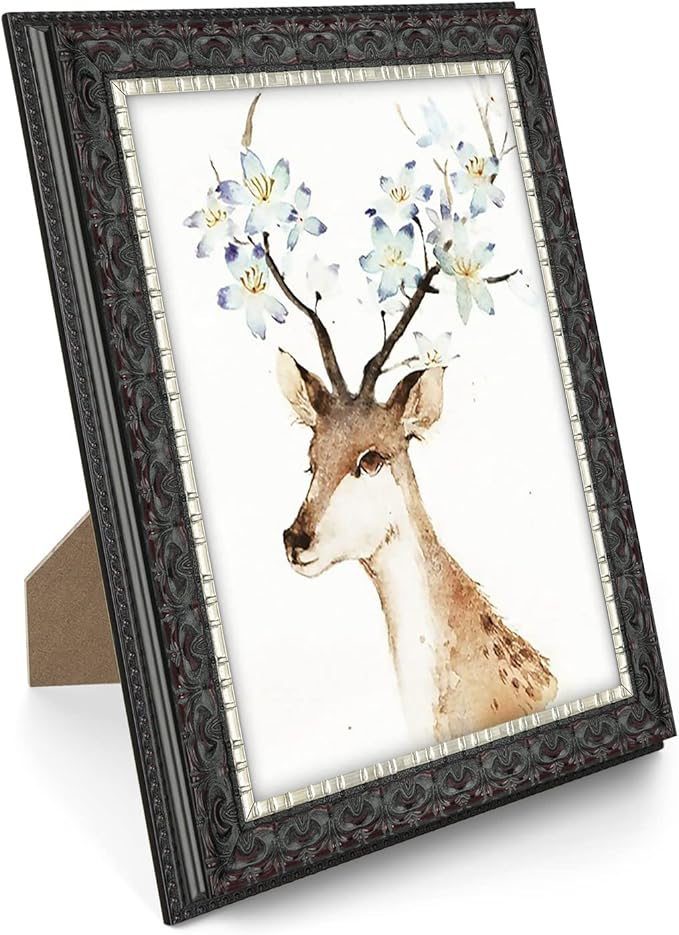 Golden State Art, 8X10 Ornate Finish Photo Frame, Black with Silver & Burgundy Color, Real Glass