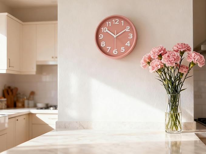 8-Inch Pink Modern Wall Clock ?€? Silent Non-Ticking, 3D Large Numbers, Accurate Timekeeping | Decorative Wall & Desk Clock with Stand for Living Room, Bedroom, Kitchen, or Office