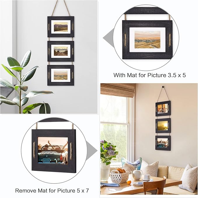 DLQuarts 5x7 Hanging Picture Frames Collage Wall Decor, 3-Opening Photo Frames Set, 3.5x5 with Mat or 5x7 Without Mat, Rustic Solid Wood Photo Frame Pack of 2, Weathered Black