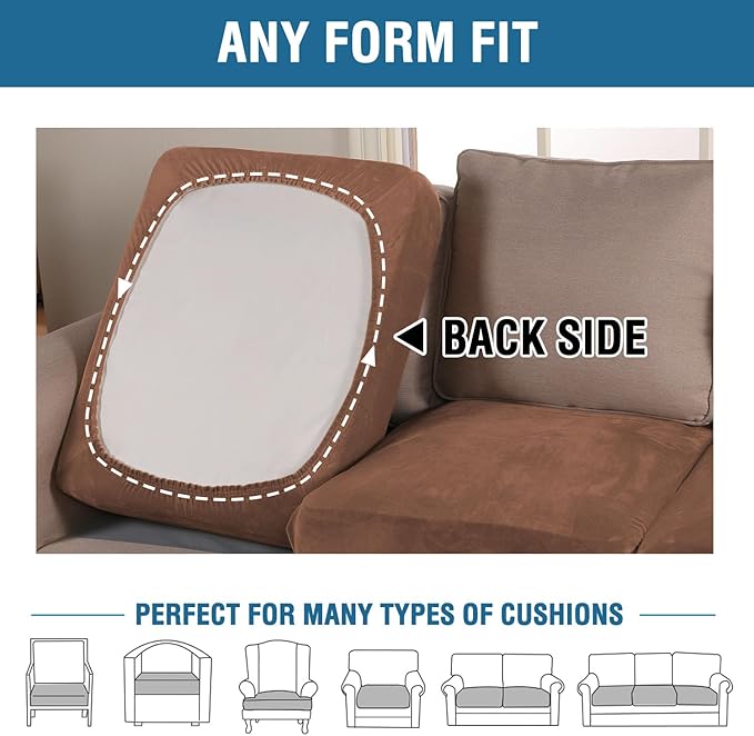 H.VERSAILTEX Velvet Stretch Couch Cushion Cover Plush Cushion Slipcover for Loveseat Cushion Furniture Protector Seat Cushion Sofa Cover (2 Piece Medium Sofa Cushion Covers, Caramel Cafe)