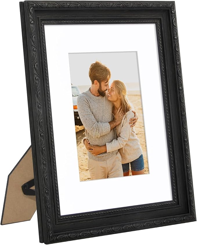 Americanflat 8x10 Picture Frame with Shatter-Resistant Glass - Use as 5x7 Frame with Mat or Display 8x10 Photo Without Mat - Ornate Picture Frames for Wall and Tabletop Display - Black