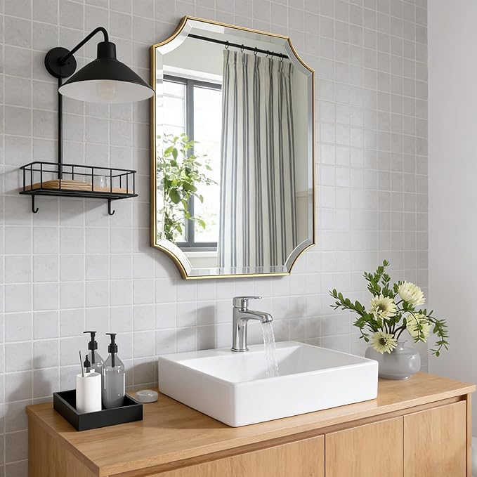 POZINO Rectangle Beveled Mirror, 22"x30" Brushed Gold Bathroom Vanity Mirror, Modern Aesthetic Scalloped Edge Wall Mirrors for Bedroom Living Room Hallway Entryway, Horizontal or Vertical Hanging