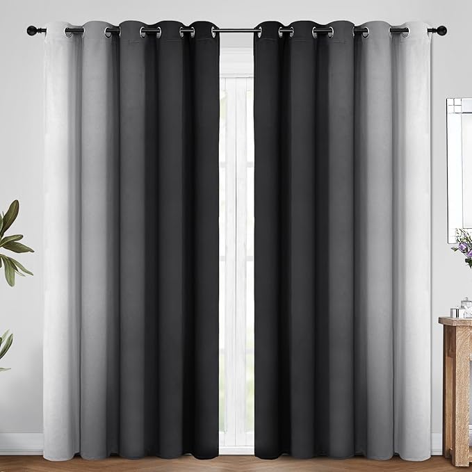 COSVIYA Curtains & Drapes Ombre Black to Grayish White 70"W x 84"L (Pack of 2), 2 Panels, Grommet, Blackout, Thermal Insulated, Energy Saving, Bedroom/Living Room