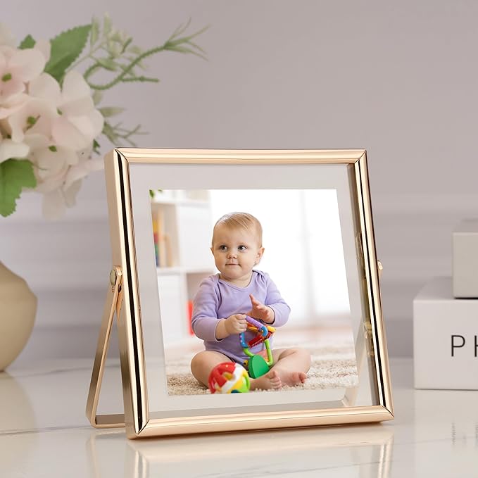 Gold 4x4" Floating Frame 2 Pack for Picture 3x3'',Adjustable Tabletop/Shelf floating Photo Frame 3x3'',Classy Metal Gift Frames for Wedding,Thanksgiving,Christmas,Birthady,Home or Office Decor.