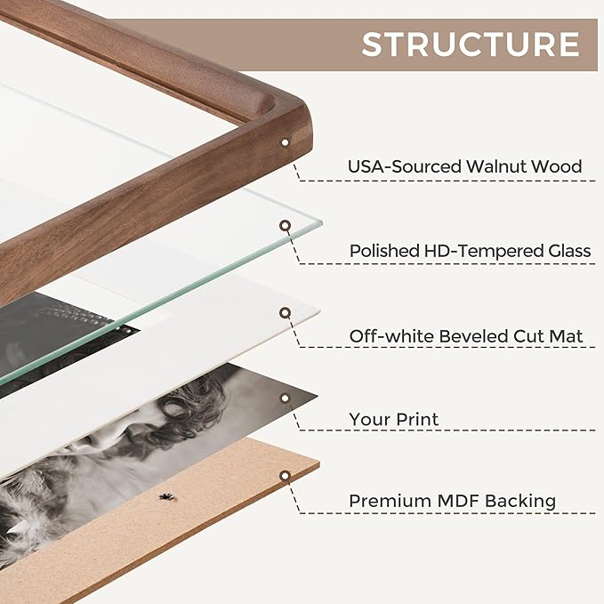 12x12 Frame, USA-Sourced Walnut Wood Photo Frames with HD Tempered Glass, Handcrafted Rounded Corner Square Wooden Frames Matted to 8x8 Photos, 12x12 Picture Frame, Tabletop or Wall Display