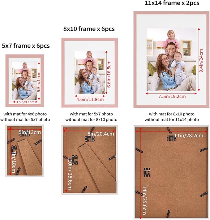 Giftgarden 14 Pack Picture Frames Set with Mats, Assorted Matted Frame for Gallery Wall & Tabletop Photo Frames Collage, Multi Sizes Including 2pcs 11x14, 6pcs 8x10, 6pcs 5x7, Pink