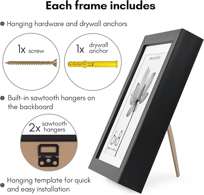 Americanflat 6x8 Picture Frame with Shatter-Resistant Glass - Use as 5x7 Frame with Mat or Display 6x8 Photo Without Mat - Soho Collection - Deep Molding Picture Frames for Tabletop or Wall - Black