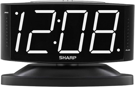 Sharp Digital Alarm Clock with Swivel Base, White LED, Dimmer, Black | Large white LED digits; Adjustable swivel base; Brightness dimmer; Snooze alarm; Simple controls; black case by SHARP